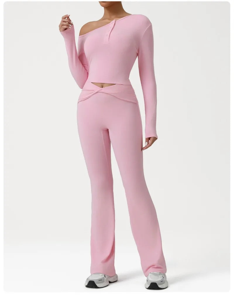 2 Pieces Women's Seamless Yoga Set Long-sleeved Shirt Flared-pants Tracksuit Running Fitness Sports Set Slim-fit High Waist Suit