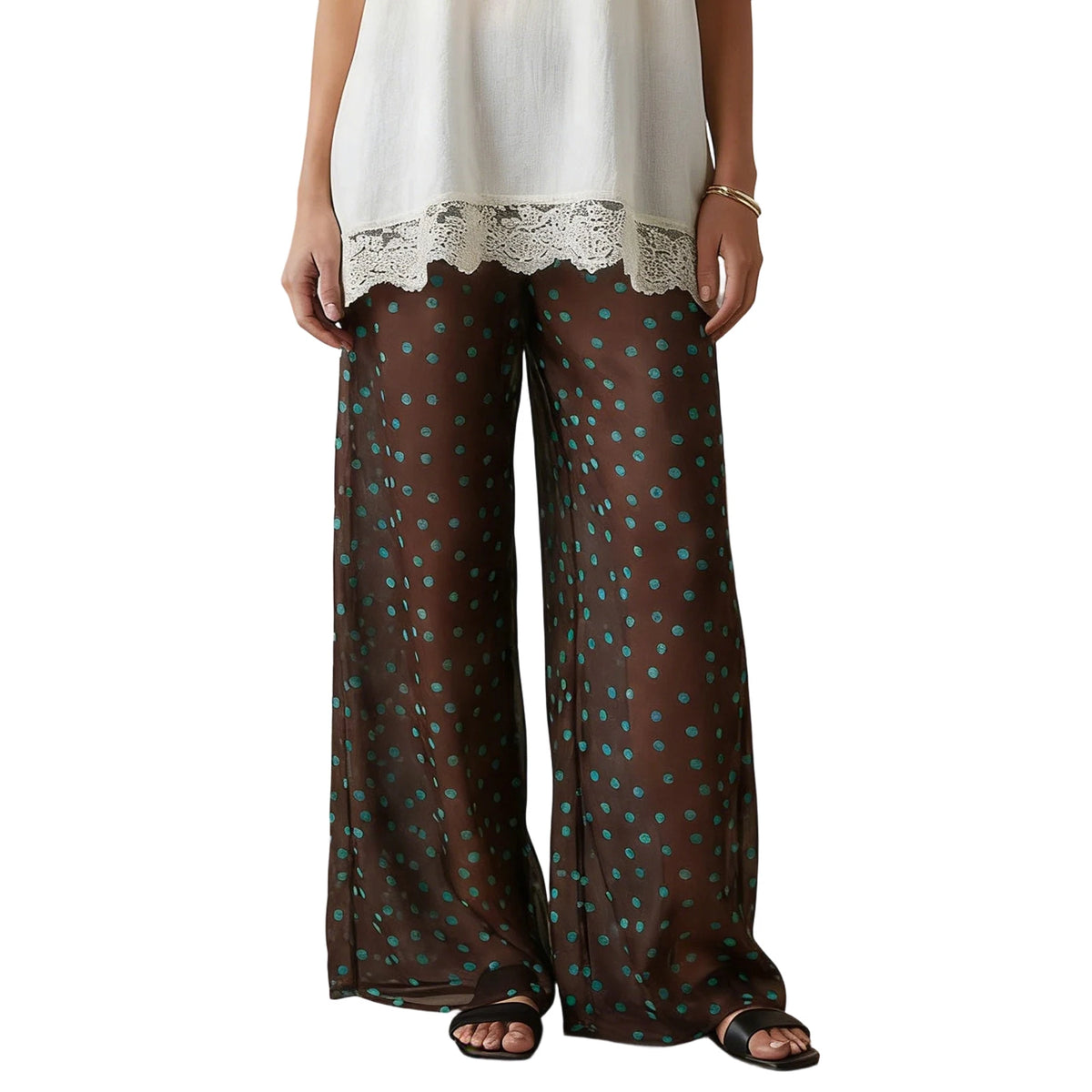 Women Sheer Mesh Pants Dots Print Elastic Waist Loose Fit Wide Leg Trousers Beach Bikini Cover up See Through Club Trousers