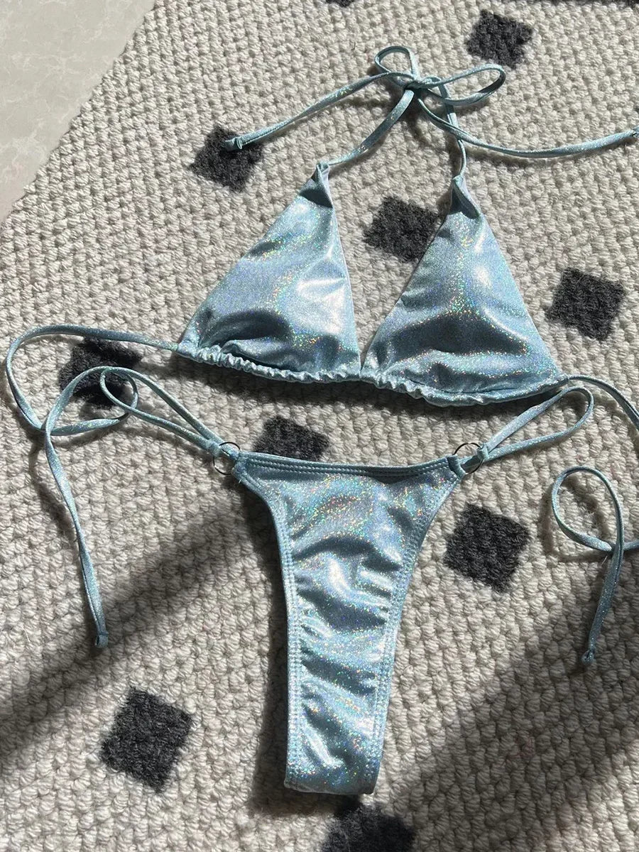 Halter Shiny PU Faux Leather Bikini Female Swimsuit Women Swimwear Two-piece Bikini Set Mini Micro Thong Bathing Suit Swim Lady