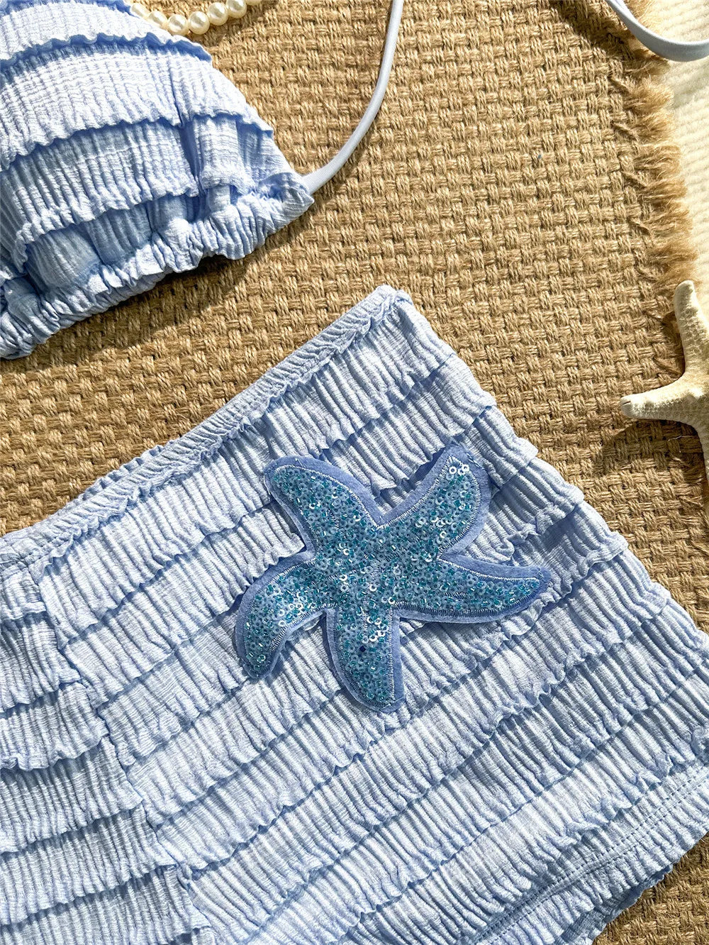 Sequin Starfish light blue Texture Swimwear Sexy Halter String Triangle Bikinis Sets Shorts Bottoms Woman Swimsuit 2026 Bikini