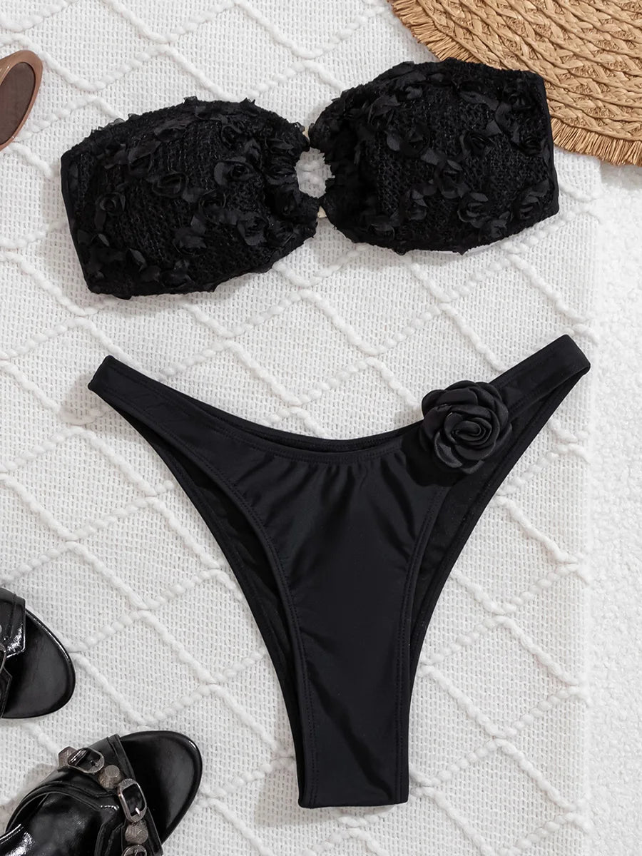 3D Flowers High Leg Cut Bandeau Bikini Women Swimsuit Female Swimwear Two-pieces Bikini Set Bather Bathing Suit Swim Beachwear
