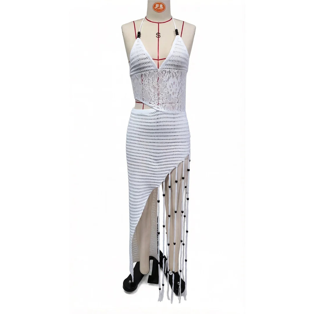 New Tassels Asymmetric Halter Crochet Knitted Tunic Beach Cover Up Cover-ups Beach Dress Beach Wear Beachwear Female Women V8257