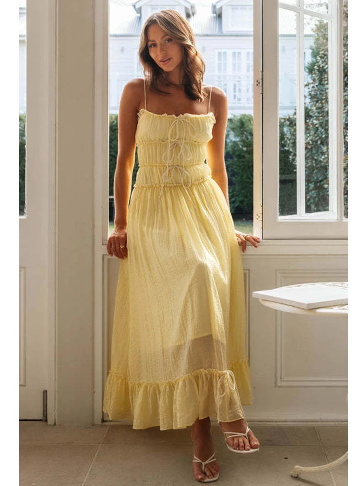 Foridol Spaghetti Strap White Sundress Flounced Edge Women's Dress Summer Beach Style Maxi Dress Bowknot Boho Vestidos 2025