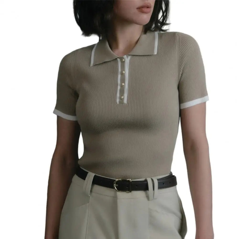 Women Short Tops Short-Sleeve Patchwork Color Lapel Tops with Buttoned Neckline Regular Fit Knitting Tops