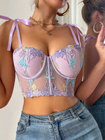1/2 Cup Women's Lace Spliced Embroidery Floral Sexy Bras Sheer Mesh Corset Top with Tie Straps Women's Bra