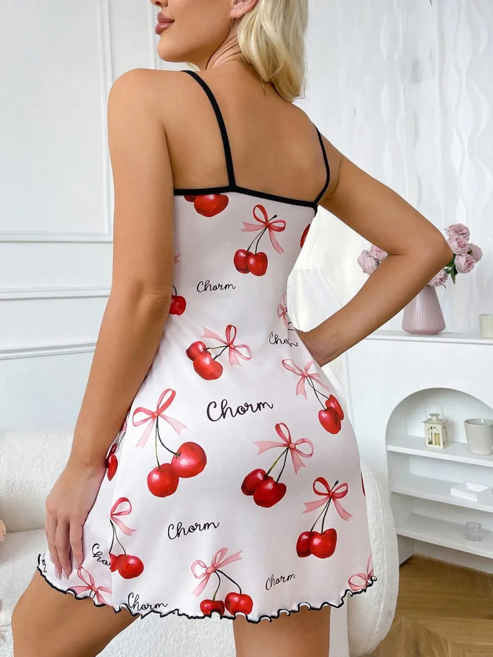 Cherry Printed Slip Nightdress Women Sleepwear Straps Sleep Mini Dress Nighties Nightgown Loungewear Valentine's Day Gift