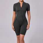 Summer Zipper Short Sleeve Yoga Jumpsuit Women Outerwear Sports Fitness Hip-lifting Backless One-piece Workout Gym Tracksutis
