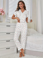 Autumn Winter Comfortable Pajamas Set with Love Heart Printed for Women Sleepwear Short Sleeve Top and Pants Homewear
