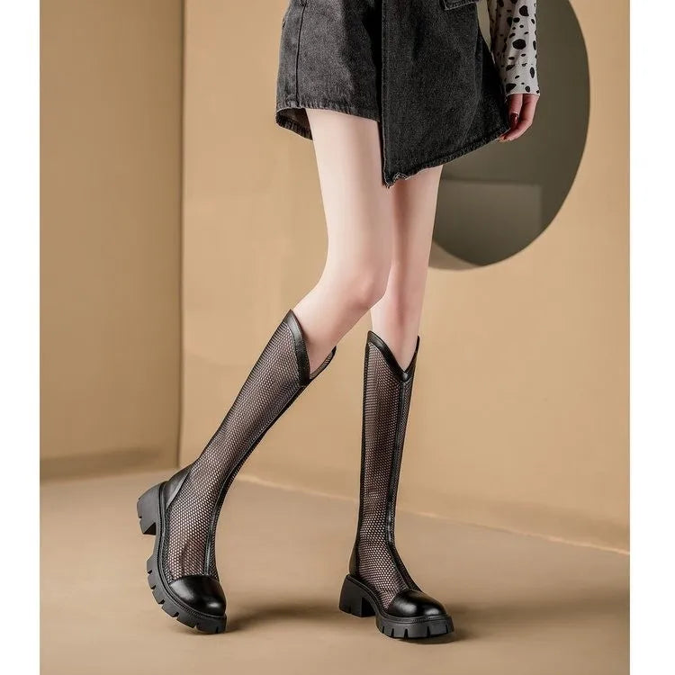 Women Summer Knee-high Mesh High Boots Female Breathable Platform Mesh Lace-up Knight Boots Thick Heel Hollow Long Knight 2025