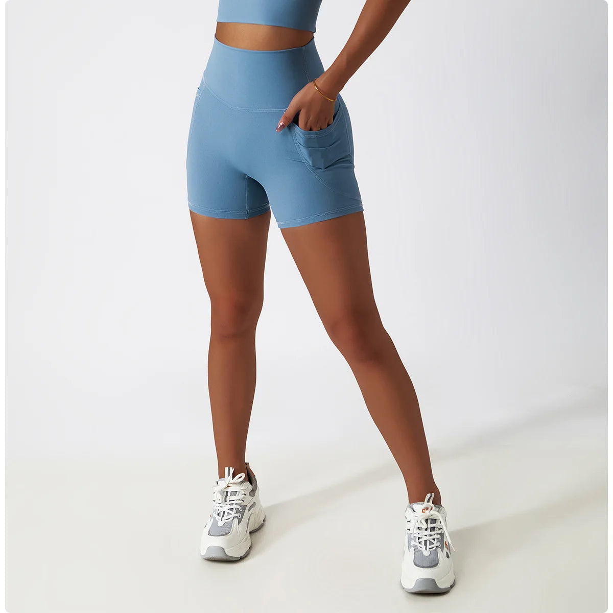 Comfortable Skin Friendly Summer High Waist Yoga Shorts Gym Hip Lift Pants Pocket Breathable Running Cycling Sports Shorts Women
