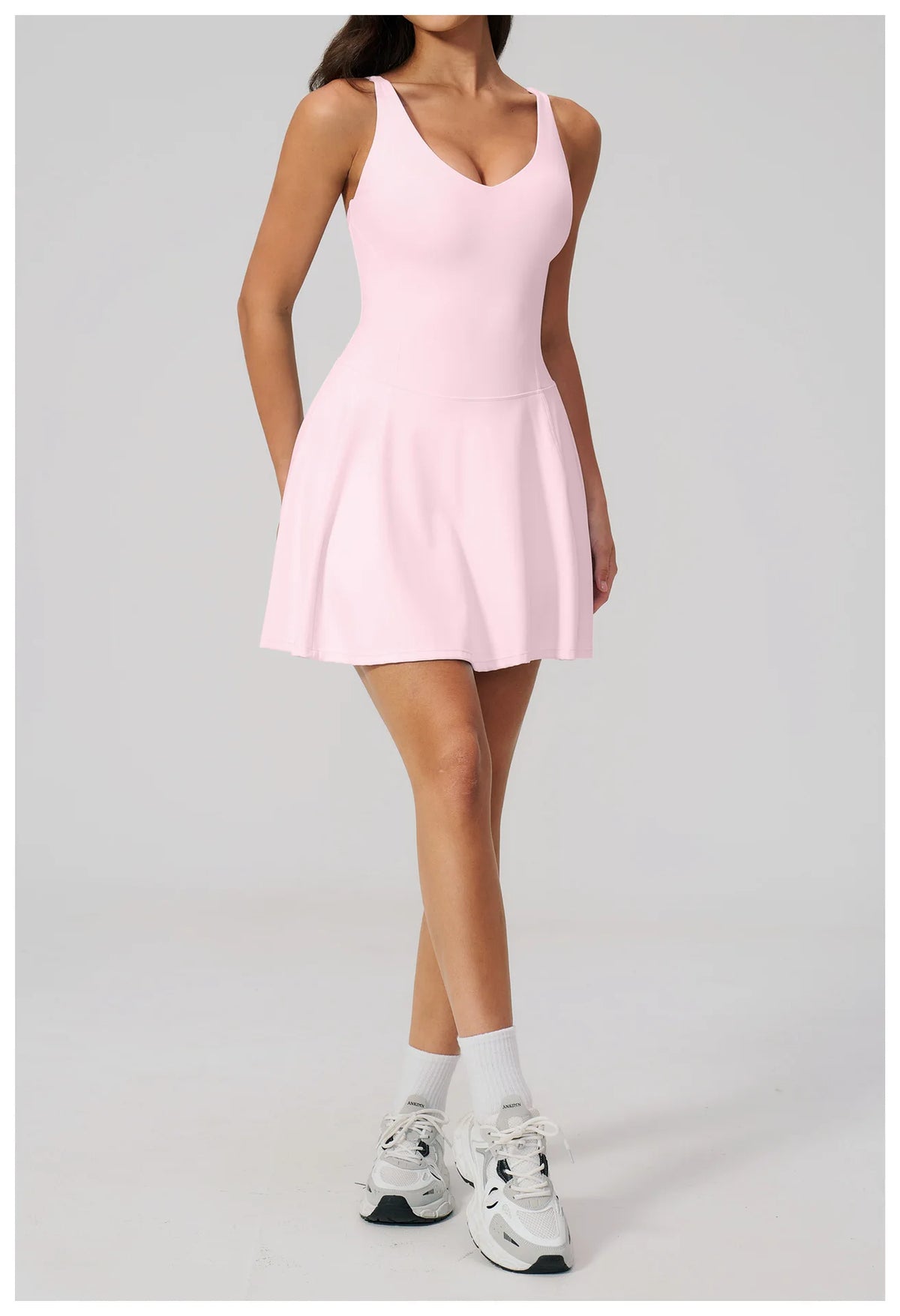 Bodycon Tennis Dress with Shorts Pocket Women Speed Dry Sleeveless V Neck One Piece Sport Outfit Short Dress Fitness Yoga Set