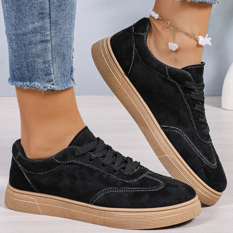 All Match Black Faux Suede Sports Shoes for Women Lace Up Low Top Sneakers Woman Sewing Wear Resistant Vulcanize Shoes Ladies