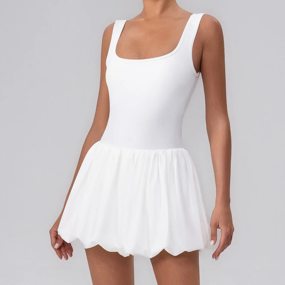 Summer One-piece Tennis Dress Women Fitness Fake Two-piece with Inner Separate Shorts Pockets Sleevesless Sports Pleated Skirt