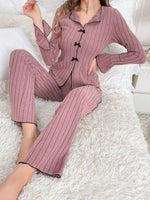 Autumn Winter Warm Sleepwear Woman Lapel Bow Fashion Long Sleeve T-shirt Tops and Trousers Sets Home Wear Pajamas Set