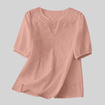 Women Summer Loose Embroidered V Neck Solid Color Short Sleeved Comfortable Button Down Shirt Top женская одежда