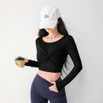 Women Twist Front Cutout Back Long Sleeve Yoga Tops Padded Sports Crop Top Slim Fitness Running Workout Athletic Shirts