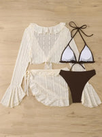 Vintage Swimwear Women Long Sleeve Ruffles Cover Up Skirt 4 Piece Bikini Set 2025 Push Up Beach Bathing Suit High Waist Swimsuit