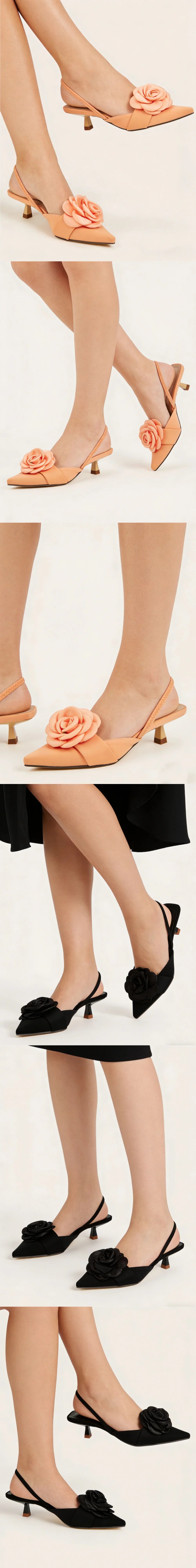 2026 Big Size 43 Summer Women's Pointy Toe Kitten Heels Slingback Satin Sandals Elegant Sandal Rose Flower Office Lady Shoes