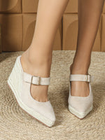 2025 Women's Sandals Spring Pointed Toe Wedge Heel Shoes Thick Soled High Heel Hollow Women's Shoes Straw Hemp