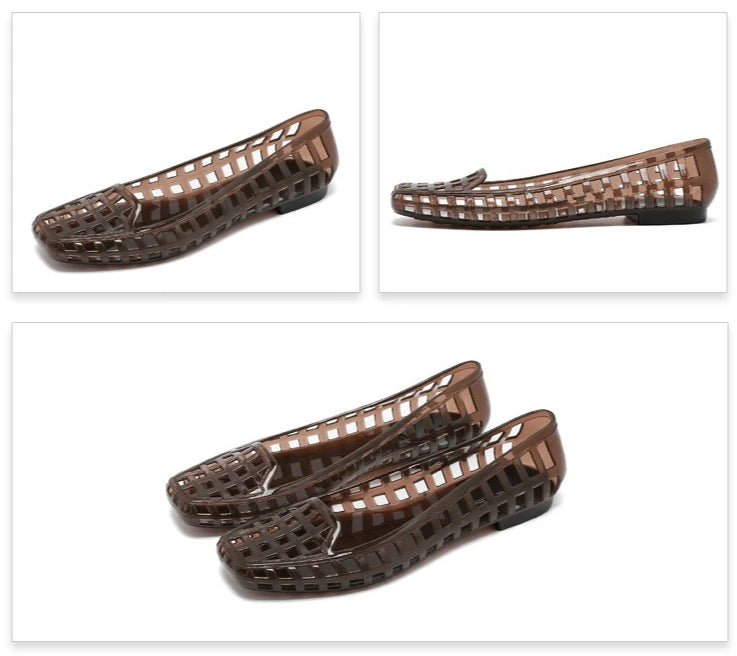 New 2025 Women Fashion Jelly Shoes Summer Cut-out Flat Sandals, Soft PVC Casual Square Toe Girls Daily Walking Sandalias