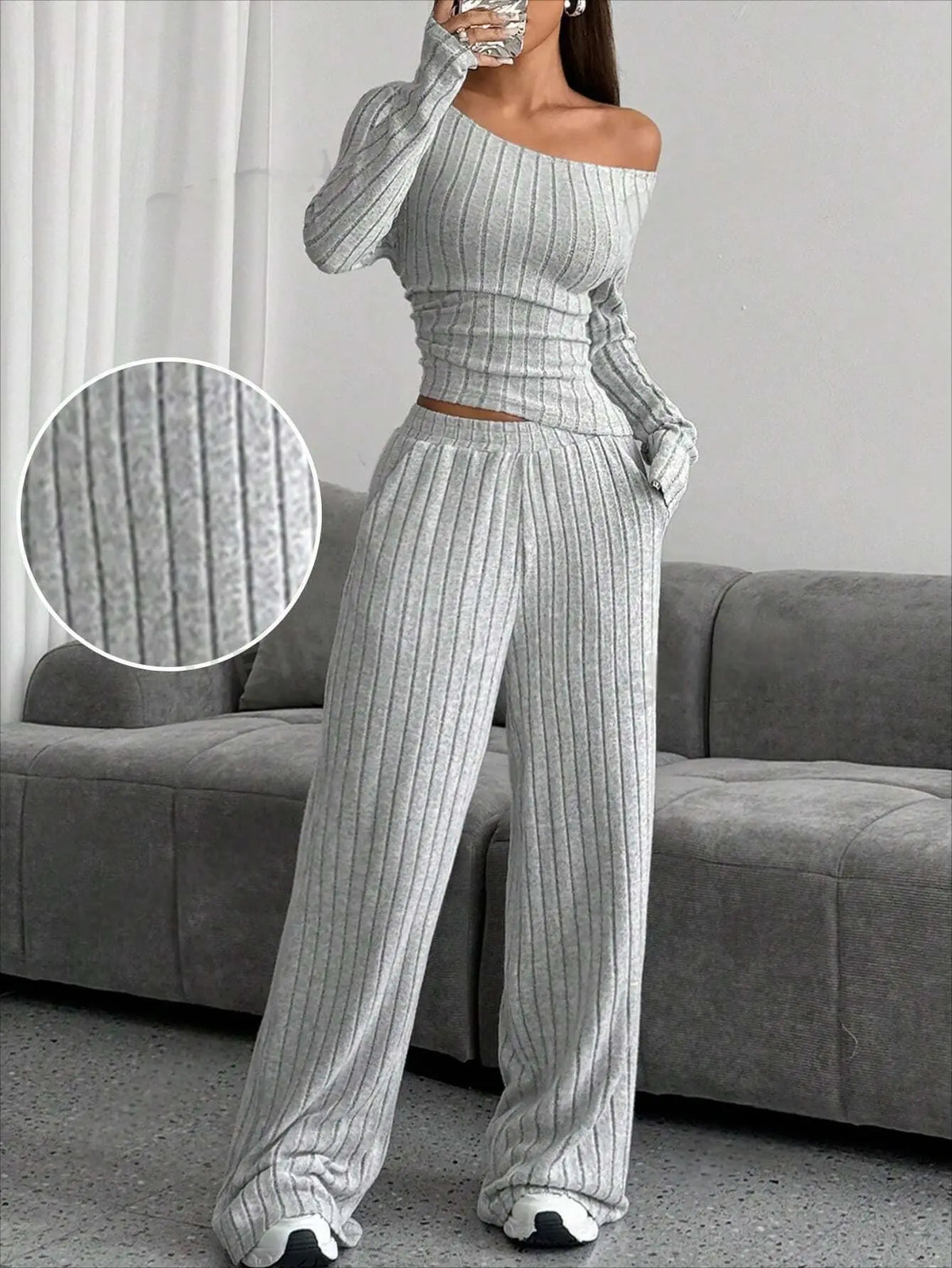 Autumn and Winter New Women's Home Clothes Sleepwear Two-Piece Set Casual Solid Color High Neck Knitted Sweater Loose Pants Y2K