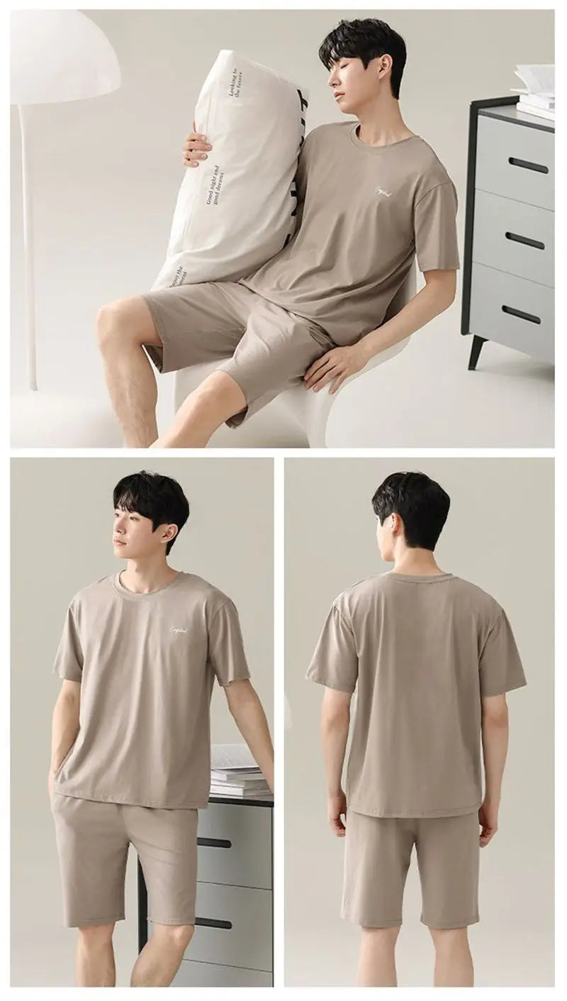 Men's Solid Pajama Plus Size Short Sleeve Round Neck Tee And Shorts Breathable Loose Fit Sleepwear Loungewear Summer Fashion Pjs