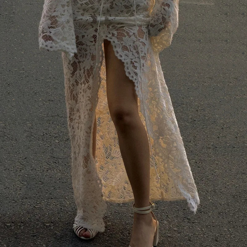 Woman Dress Clothing V-neck White Lace Dress 2025 Vestidos Para Mujer Fall Lace-up High Slit Slim LongEvening Party Dresses