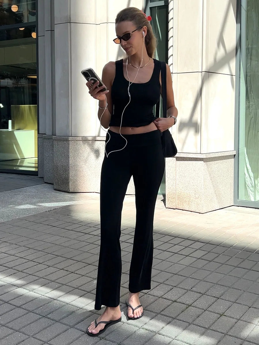 Solid Color Slim-fit Stretch Tank Top & Pants Set Sleeveless Casual Vest Outfit for Women