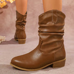 Brown Pu Leather Pleated Ankle Boots Women Plus Size 36-43 Thick Heeled Western Booties Mujer 2025 Slip On Cowboy Boots Woman