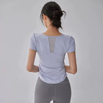 Women's Summer Yoga Sports Top Short Sleeve Pleated Waist Cinching Mesh Spliced Breathable Fitness T-Shirt