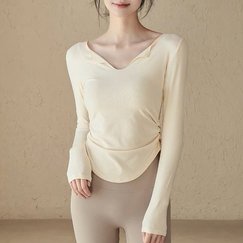 Women's yoga sports long sleeved, autumn and winter high-end slim fit small V-neck sports top fitness long sleeved T-shirt