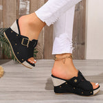 Fashion Buckle Chunky Wedges Sandals Women Rivets Decor High Heel Platform Slippers Woman Plus Size Non Slip Summer Sandles 43