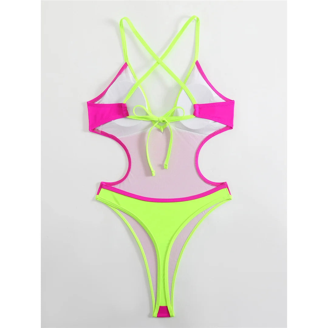 V Neck Splicing Extreme String Mini Micro Thong Women Swimwear One Piece Swimsuit Female Padded Bathing Suit Bather Swim V7085