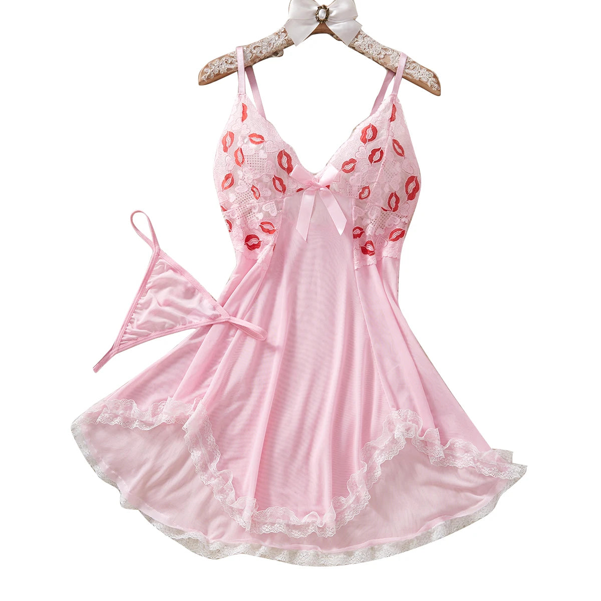 Pink Lips Lingerie Kawaii Intimate Dress Women Lace Nightdress Sleepwear Soft Pajamas With Thongs