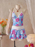 Vintage Green Floral Print Bikini Set 2026 Women Drawstring Pleate Skirt 3 Piece Swimsuit Beach Holiday Bathing Suit Swimwear