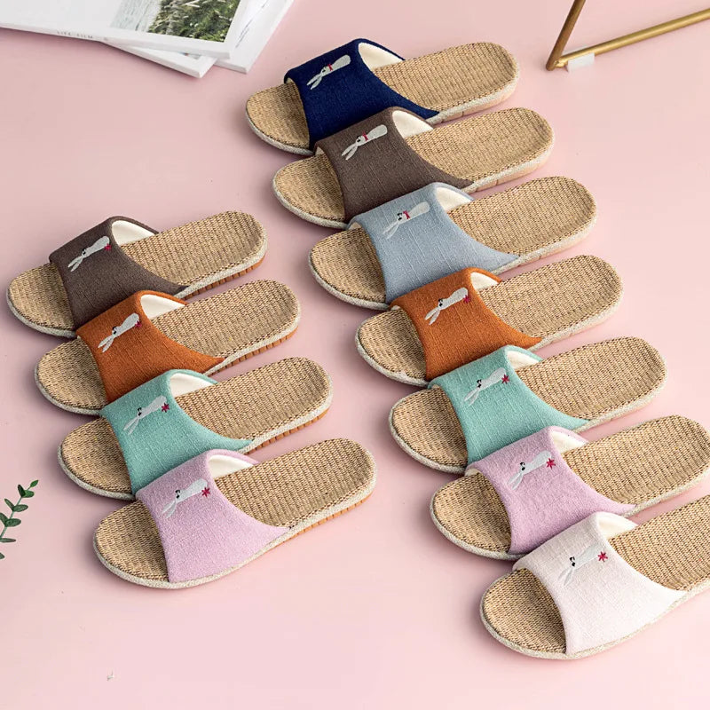 Breathable Cotton Flax Slippers For Women Men Indoor Shoes Anti-slip Light Weight Cute Cartoon Couples Home Floor Slides