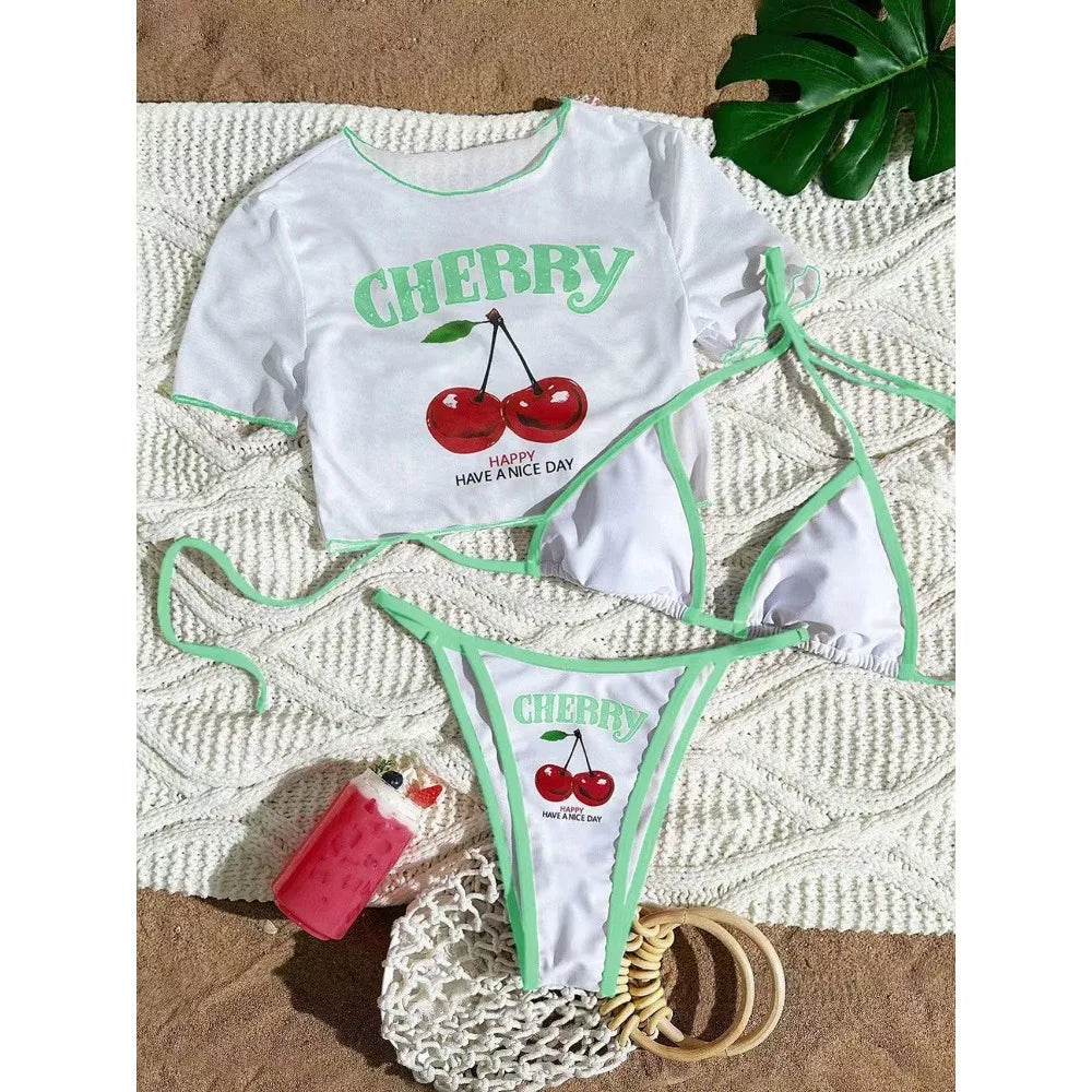 2026 Sexy 3 Piece Women Swimsuit Short-sleeve Cover-up Swimwear Summer Print Bikini Set Brazilian Beachwear Party Bathing Suit