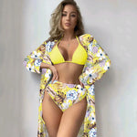 Fashionable Bikini Cover Up Three Piece Set Women Swimsuit Net Shirt High Elasticity Polyester Fabric with Chest Pad Bikinis Set