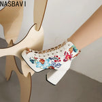 White Floral Embroidered Peep Toe Lace-Up Chunky Block Heel Platform Hollow Out Ankle Sandal Boots for Women