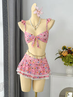 Sexy Navy Floral Print Bikinis Sets Women Front Tie Push Up Bra Holiday Swimsuit 2026 Bathing Suit Lace Ruffles Skirt Swimwear