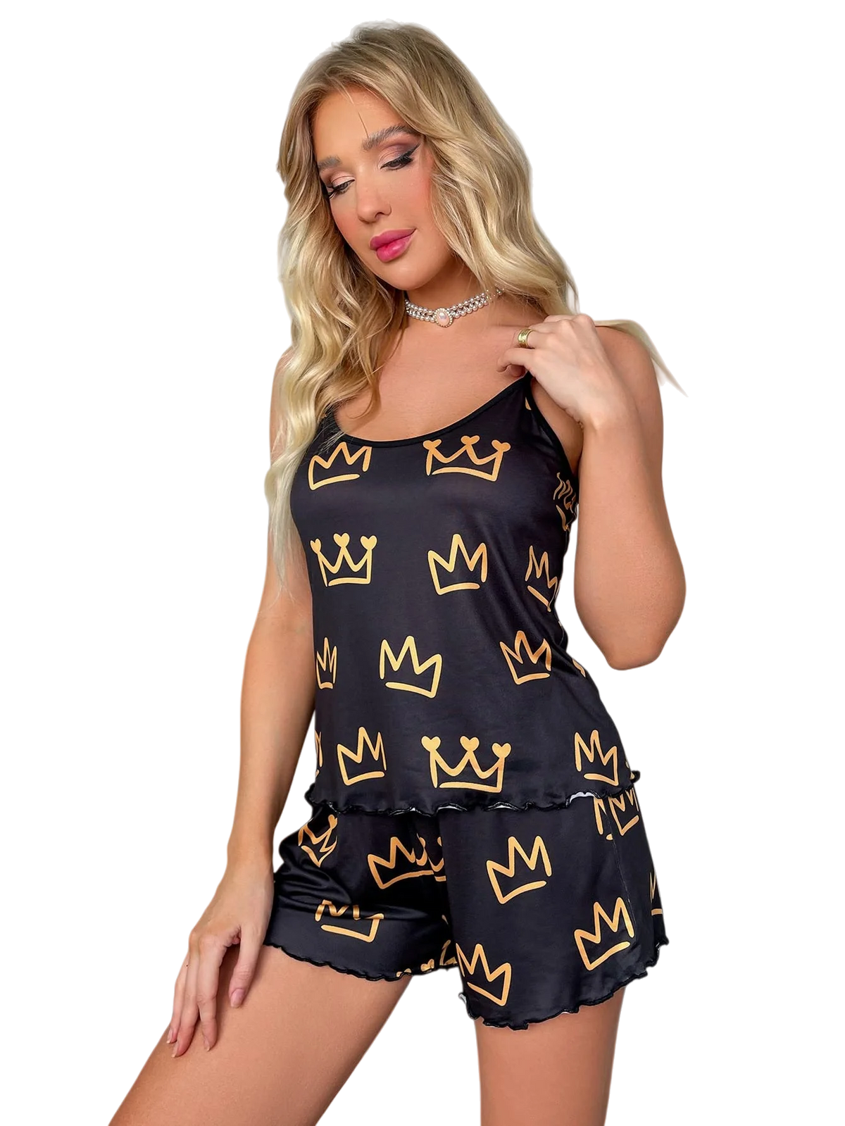 Women’s Satin Spaghetti Strap Pajama Set, Crown-Print Two-Piece Sleepwear, Soft & Comfortable Nightwear, Cute Loungewear