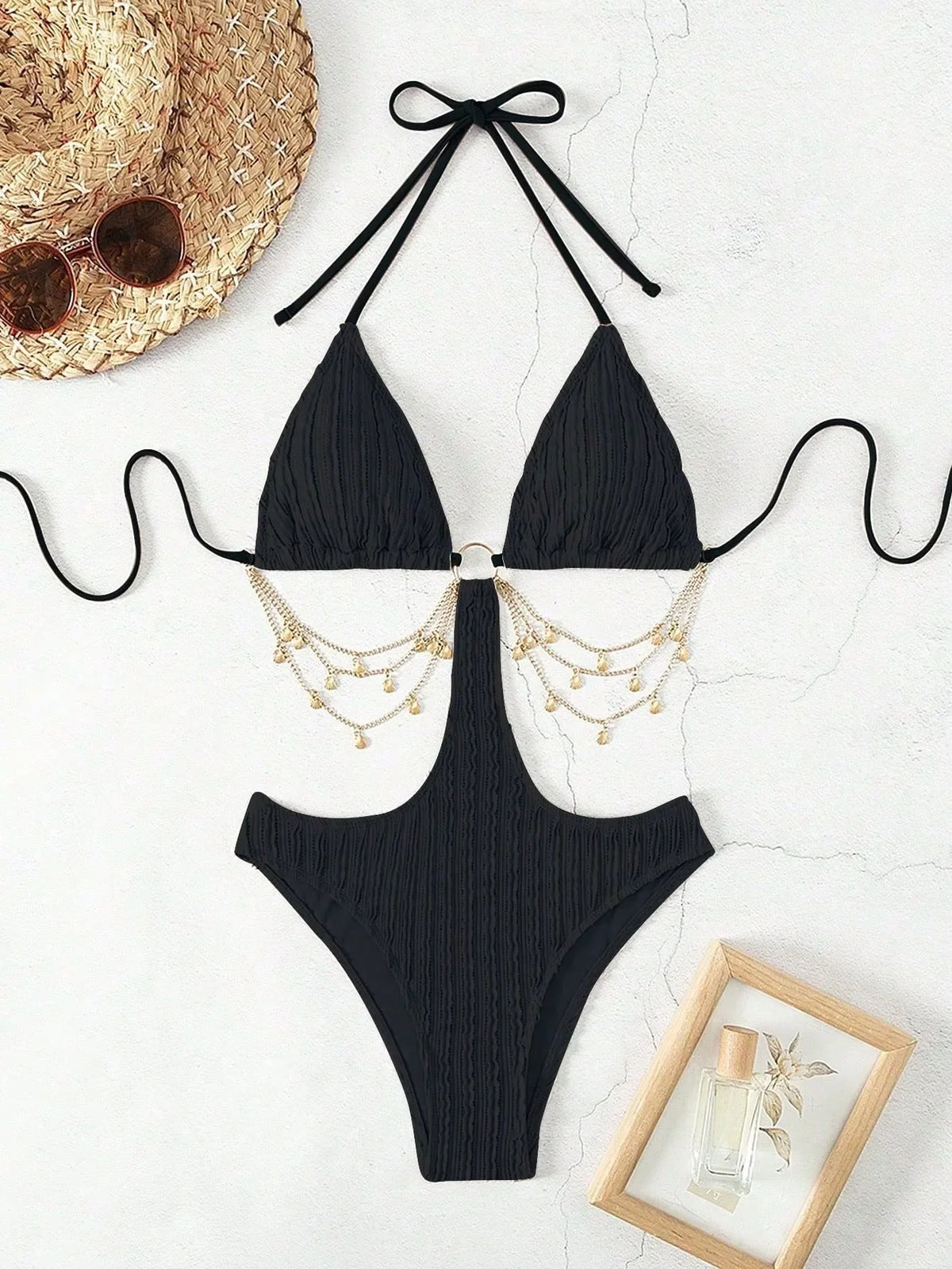 Woman Bikini Triangle Top Ribbed Fabric Black Bikinis Side Cutout Chain Detail Swimsuit High Cut Bottom Belly Chain Beachwear