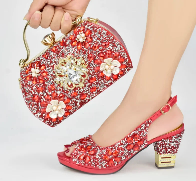 Doershow Italian orange Shoes And Bag Sets For Evening Party With Stones Italian Leather Handbags Match Bags! !HUK1-32