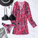 2025 Three Pieces Bikini Set Cover Up Swimwear Women Swimsuit Print Long Sleeve Push Up Bathing Suit Beachwear Swimming Biquini