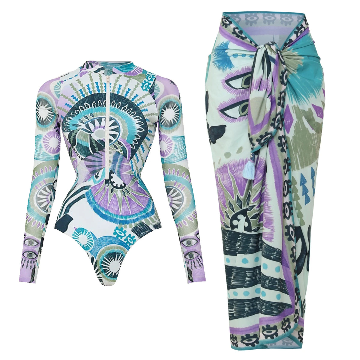 Black And Printed Long Sleeve Swimsuit With Cover Up Sexy Swimwear Women Surf Swim Suit Slimming Bathingsuit Bodysuit Beachwear