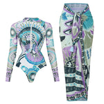 Black And Printed Long Sleeve Swimsuit With Cover Up Sexy Swimwear Women Surf Swim Suit Slimming Bathingsuit Bodysuit Beachwear
