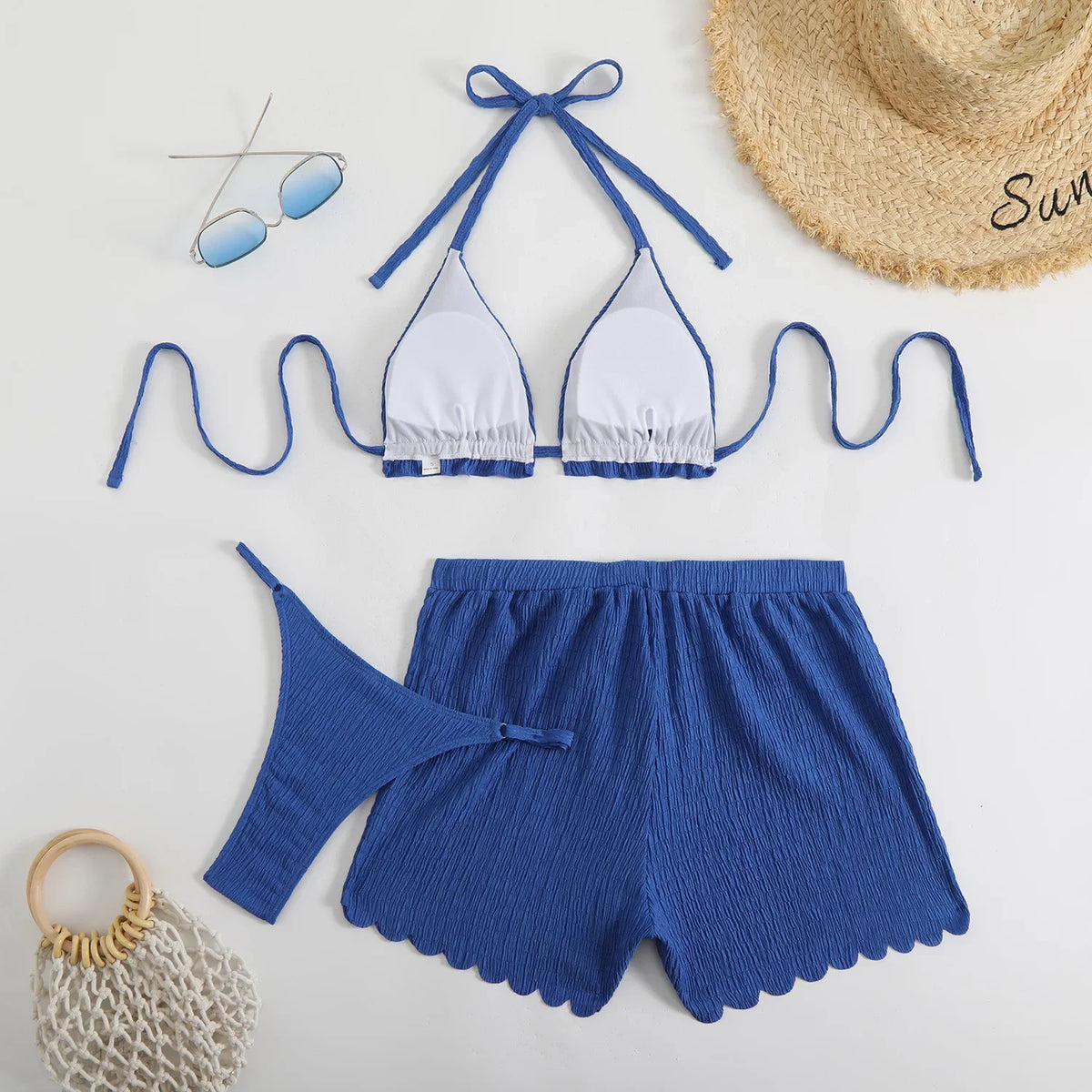 Sexy Purple Thong Bikini with Shorts Women Three Pieces Swimsuit Brazilian Swimwear Female Beachwear Halter Bathing Suit Outfit
