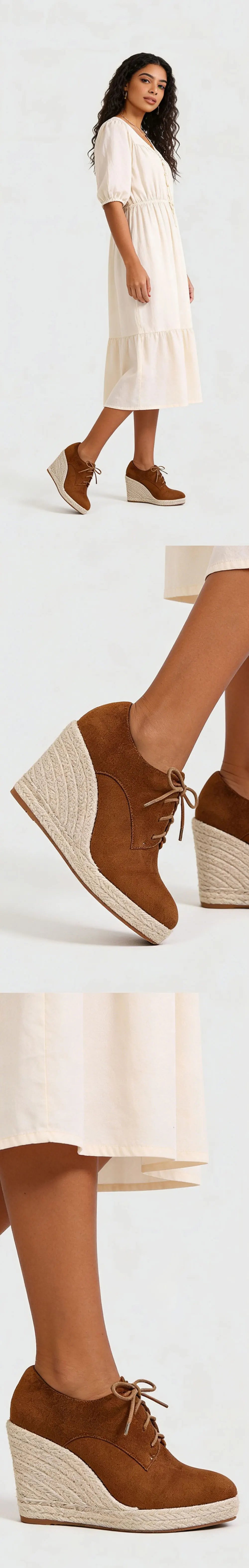 2026 Big Size 43 Vintage Brown Black Pointy Toe Lace-up High Heels Espadrilles Pumps Comfy Walk Office Lady Wedges Shoes Women