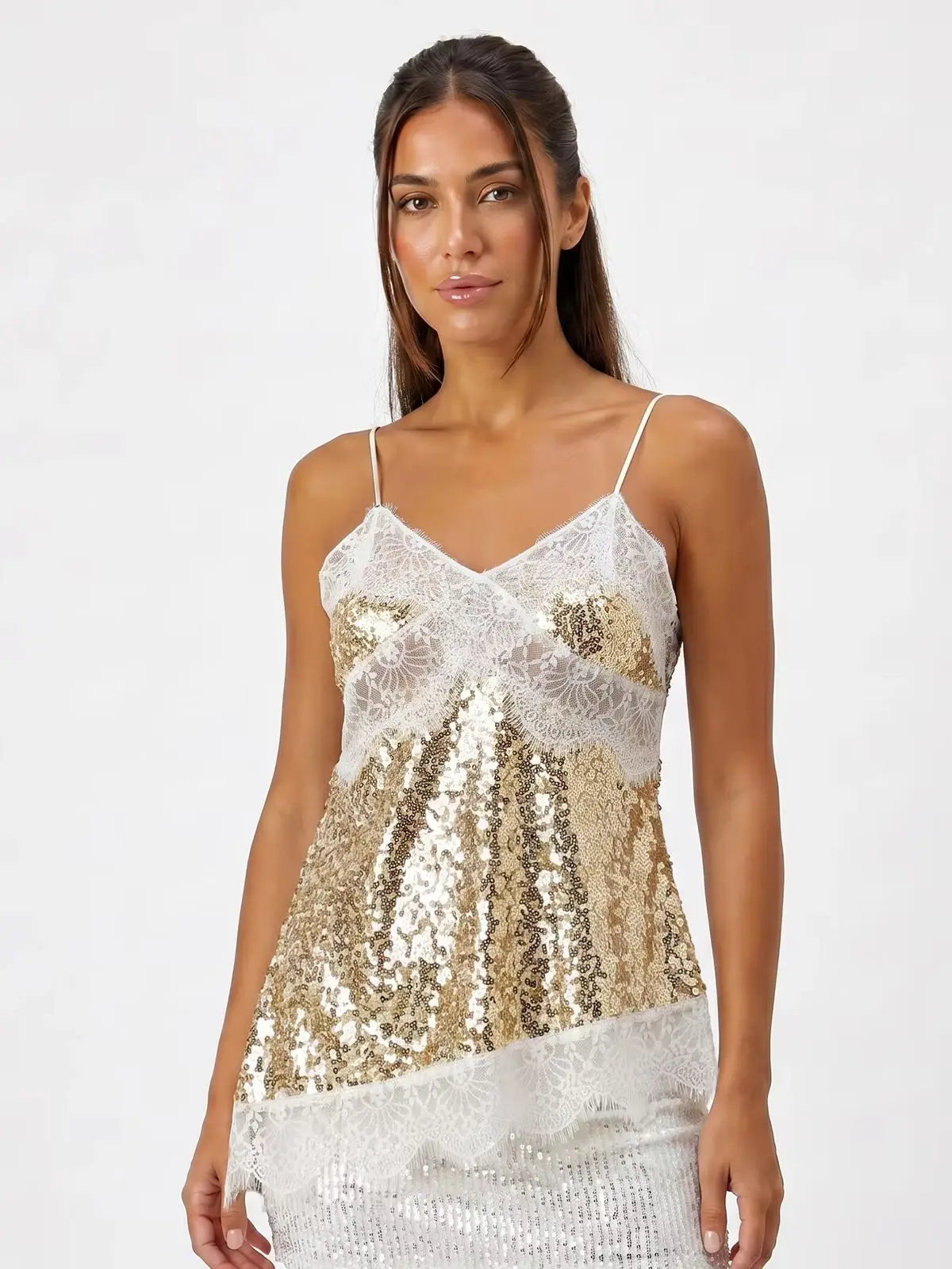 Women Sequin Camisole Tops Spaghetti Strap V Neck Lace Trim Loose Fit Tank Tops Summer Daily Casual Elegant Vest Streetwear