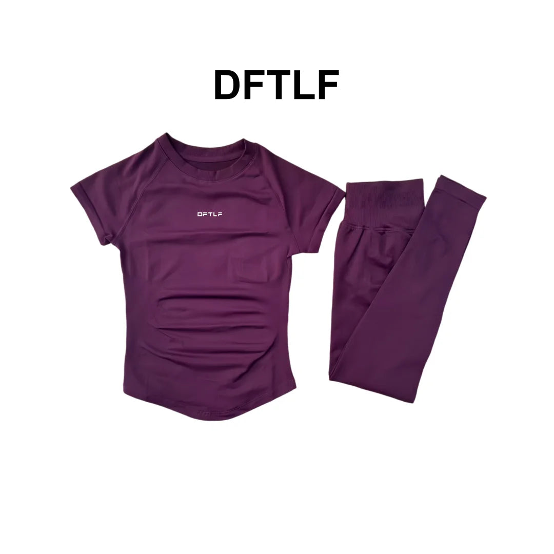 DFTLF 2 Pieces Women Yoga Set Slim Short Sleeve Top High Waist Leggings Seamless Workout Gym Fitness Quick Dry Sportswear Suit